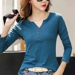 T Shirt Women Buttons Cotton Basic V-Neck Korean Style Woman Clothes Womens Long Sleeve Tops T- Tee Femme XXXL 210507