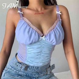 Iamhotty Y2K Mesh Lace Patchwork Sexy Crop Top Women Harajuku Bow Solid Backless Camis Tops Ladies Vintage Casual Fitness Cute 210401