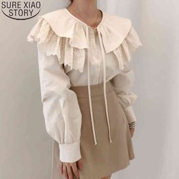 korean Chic Embroidered Hollow shirt Double-layered Doll Bow blouse Sweet Vintage Casual Elegant Long Sleeve ladies tops 12718 210417