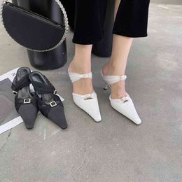Square Toe Fashion Women Pumps Slip On Mules Black/White Slippers Thin High Heels Buckle Hollow Slides Slippers Pumps 210513