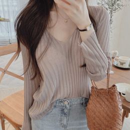 WOMENGAGA Korea Women's Lazy V-neck Pullover Thin Knitwear Base Casual Loose Sweater Summer T Shirt Tops Q2FD 210603