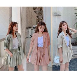 Summer Casual Shorts Suit Female Solid Colour Short-Sleeved Blazer Two-Piece Set 210514