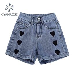 Summer Fashion Women High Waist Button Vintage Print Leg Jeans Shorts Casual Female Loose Streetwear Denim 210629