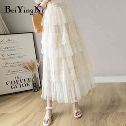 Beiyingni Lace Tulle Skirt Women Solid Summer Long White Black Tutu Skirts A Line Skirt Laides Elegant High Waist Elastic Faldas 210416