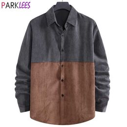 Vintage Patchwork Corduroy Shirt Men Chemise Brand Contrast Men Velour Shirt Casual Warm Quality Mens Dress Shirts 2XL 210522