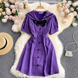 DEAT Women Purple Bow Dress Peter Pan Collar Puff Sleeve Arrivals Lady Temperament Fashion Spring Summer 11D580 210709