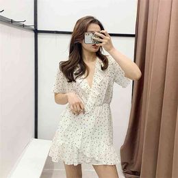 Foridol white polka dot ruffle romper jumpsuits women v neck chic sheer playsuit overalls summer beach female rompers 210415