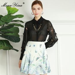 Summer Runway Fashion Skirts Suits Women Sexy Black Transparent Mesh Blouse+Print Short Skirt Two Piece Sets 210524