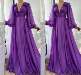 Simple Elegant Purple Chiffon A-Line Prom Dresses Long Puff Sleeves V Neck Draped Empire Floor Length Formal Evening Dress Party G235G