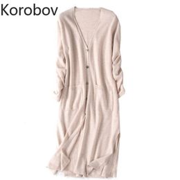 Korobov Korean Single Breasted Long Sweater Women Summer Sleeve Knit Cardigan Pockets Oversize Sueter Mujer 78413 211011
