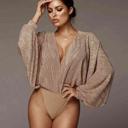 Women Autumn Sexy Deep V Neck Bodysuit Solid Folds Pleated Patwork Long Sleeve Rompers Spring Elegant Jumpsuits Overall 210401