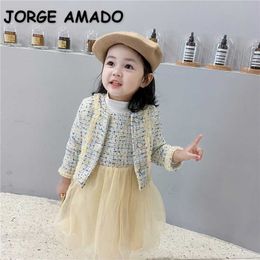 Spring Baby Girl 2-pcs Sets Sleeveless Yellow Woollen Vest Yarn Skirt + Lady Style Coat Kids Outfits E8058 210610
