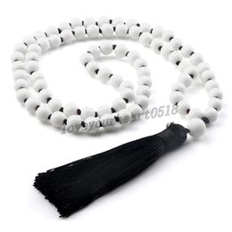 8mm Matte White Porcelain Mala Necklace Natural Stone Beads Black Tassel Necklaces Handmade Knotted Yoga Charm Women Men Jewelry