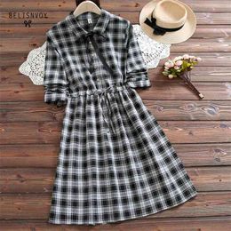 Japan Style Mori Girl Vintage Dress Spring Autumn Bowknot Sweet Vestidos Women Long Sleeve Plaid Cotton Linen Dresses 210520