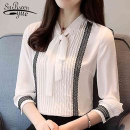Blusas Mujer De Moda Bow V-neck Office Ladies Tops Long Sleeve Solid White Chiffon Blouse Women Shirts Top Female D472 80 210508