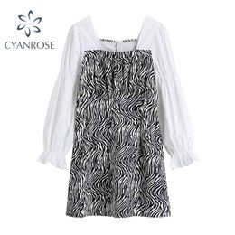 Autumn women zebra print pleats mini dress Korea Elegant Vintage simple Harajuku Female Long Sleeve Casual Women Dress party 210417