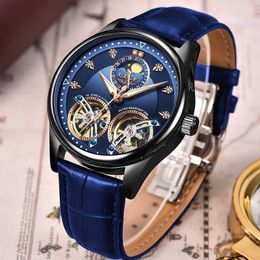 LIGE Mens Watches Luxury Leather Double Mechanical Watch Men Fashion Business Automatic Waterproof Watch+Box 210527