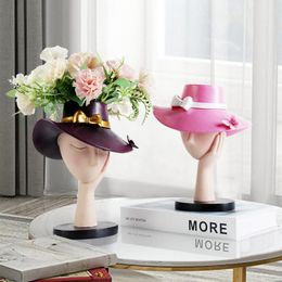 Vases European Hat Woman Flower Pot Resin Ornaments Bedroom Desktop Sculpture Decoration Home Livingroom Table Vase Figurines Crafts