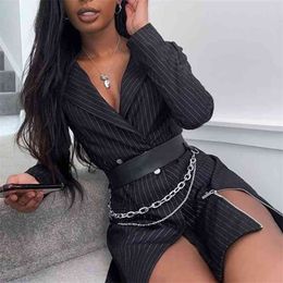 Foridol vintage stripe blazer dress women zipper slit double breasted white elegant blazer dress business elegant short dress 210415