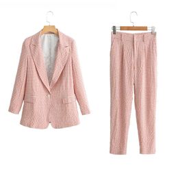 Women Office Lady Summer Plaid Pant Suits Long Sleeve Single Button Blazers Coats and Pants Two pieces Sets Female Clothes 210930