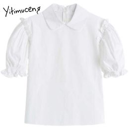 Yitimuceng White Blouse Women Shirts Puff Sleeve Turn-down Collar Short Sleeve Straight Solid Summer Fashion Sweet Tops 210601