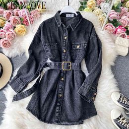 Denim Shirts Women Solid Bandage Autumn Blouses Vintage Long Sleeve Korean Loose Blusas Mujer Tops 17705 210415