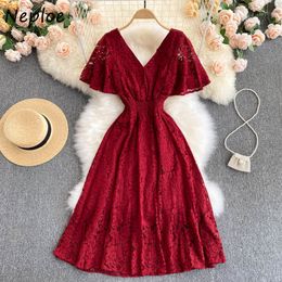 Neploe Elegant Lace Patchwork Hook Flower Dress Women High Waist Hip A Line Slim Vestidos V Neck Short Sleeve Robe Multicolor 210510