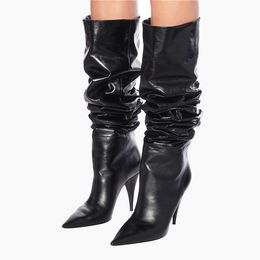 Pleated Knee Boots Women Slip On Thin Highs Heels Shoe Pointed Toe Ladies Slouchy High Boot Fashion Shoes