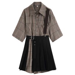 PERHAPS U Women Khaki Plaid Short Sleeve T-shirt Black Mini Pleated Strap Skirt Two Pieces Set Summer T0345 210529