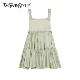 Casual Solid Dress For Women Square Collar Sleeveless High Waist A Line Mini Dresses Female Summer Stylish 210520