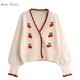 Cherry Embroidery Korean Women Short Knitted Pullover Sweaters Summer Long Sleeve V-neck Casual Sweet Style Girly Crop Top 210805
