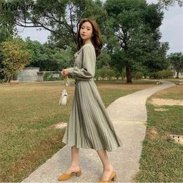 Women Maxi Dress Fashion Sashes Long Sleeve Loose Dresses Korean Chic Vintage Female Casual Office Lady Pleated Vestidos 210519