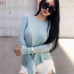 mint green micro through T shirt Women Spring Solid sexy Slim Fit skinny Tee Casual Long Sleeve Tshirt Tops female girls 210417