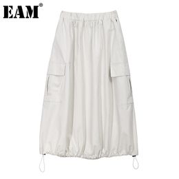 [EAM] High Elastic Waist Pocket Drawstring Long Temperament Half-body Skirt Women Fashion Spring Summer 1DD8703 210512