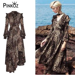 runway designer celebrity style leaopart asymmetrical hollow outleopard printed party dinner dress lady robe ruffles long 210421