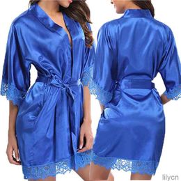 Womens Sexy Plain Silk Satin Lace Slim Soft Robes Bath Sleepwear Exotic Sets Dress273a