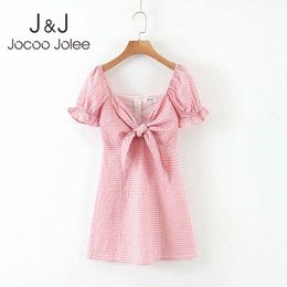 Jocoo Jolee Women Casual Short Sleeve Tie Bow V Neck Plaid Mini Dress Elegant Slim Beach Dress Summer Boho Sundress 210518