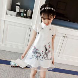 Children qipao dress traditional chinese dress flower girls cheongsam for kids princess crane print mesh turtleneck clothes 2019 Q0716