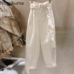 Nomikuma Arrival High Waist Harem Pants Women Sash Lace Up Casual Loose Trousers Female Pockets Design Korean Pantaloes 210514