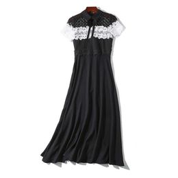 PERHAPS U Women Summer Elegant Short Sleeve O-Neck Lace Bow Spliced Black Chiffon Mid-Calf Dress Sey Slim Party Dress D3035 210529