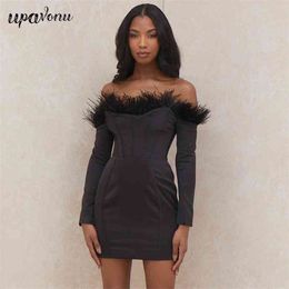 Free Sexy Off Shoulder Long Sleeve Feather Bandage Dress Women's Bodycon Celebrity Club Party Vestidos 210524