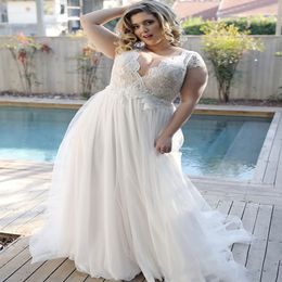 Gorgeous Plus Size Bohemian Wedding Dress 2022 With Long Train Lace Appliques Cap Sleeve Country Wedding Dresses A Line Tulle Women Beach Engagement Robe De Mariée