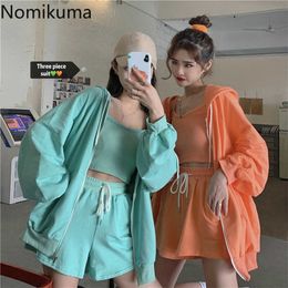 Nomikuma Sweat Suits 3 Pieces Sets Women Zipper Hooded Coat Basic Camisole High Waist Shorts Fashion New Korean Outfits 3a966 Y0625