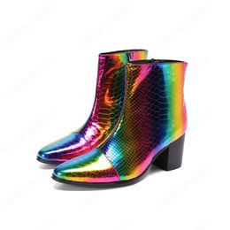 Colourful Snakeskin Grain Patent Leather Men Ankle Boots Pointed Toe Big Size 7cm High Heels Man Nightclub Party Boots
