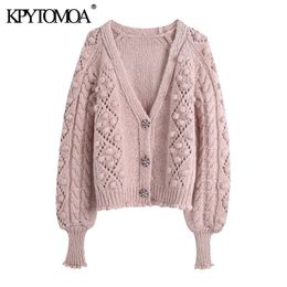 Women Fashion Gem Buttons Pompom Detail Knitted Cardigan Sweater Long Sleeve Female Outerwear Chic Tops 210420