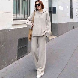 High Quality Elegant Ladies Sweater 2 Piece Set Women Fall Winter Hooded Knitted Pants Fashion Suits Tracksuit 210514