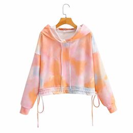women fashion tie-dye full sleeve pullovers hoodies ladies lace up o-neck casual style chic female streetwear 210521