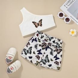 Winter Children Sets Casual Sleeveless Single Shoulder Print Butterfly Tops Bow Shorts Girl Boys Clothes 18M-6T 210629