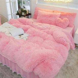 Luxury Pure Colour Plush Shaggy Warm Fleece Girl Bedding Set Mink Velvet Double Duvet Cover Bed Skirt Pillowcase Home Textile 210721