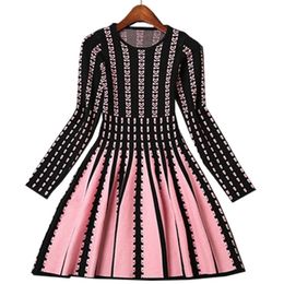 Women Striped Jacquard Sweater Dress Winter Christmas Thick Warm Long Sleeve O Neck Ball Gown Knitted Short Party Dresses 210416